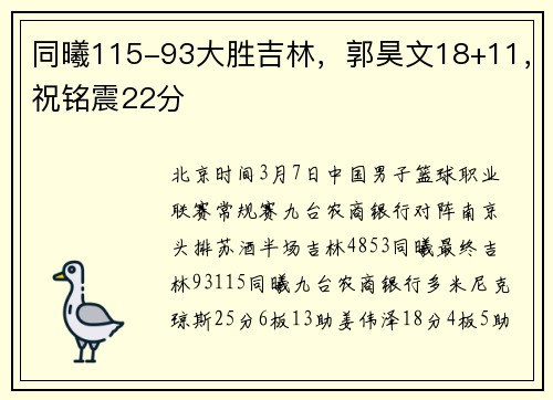 同曦115-93大胜吉林，郭昊文18+11，祝铭震22分