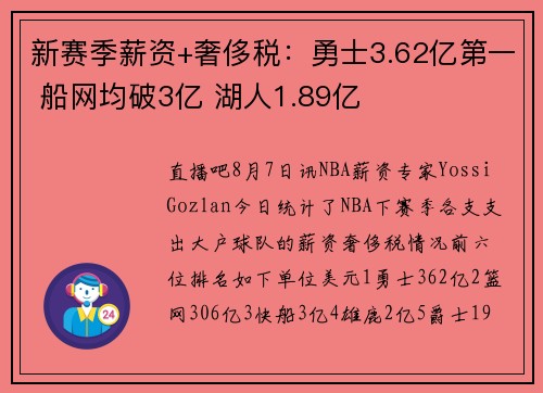 新赛季薪资+奢侈税：勇士3.62亿第一 船网均破3亿 湖人1.89亿